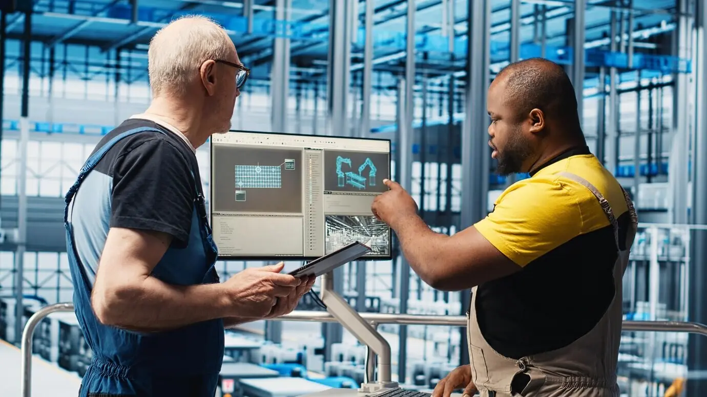 Experte in einer intelligenten Photovoltaikfabrik, der mithilfe von KI Leistungskennzahlen des Systems erfasst.