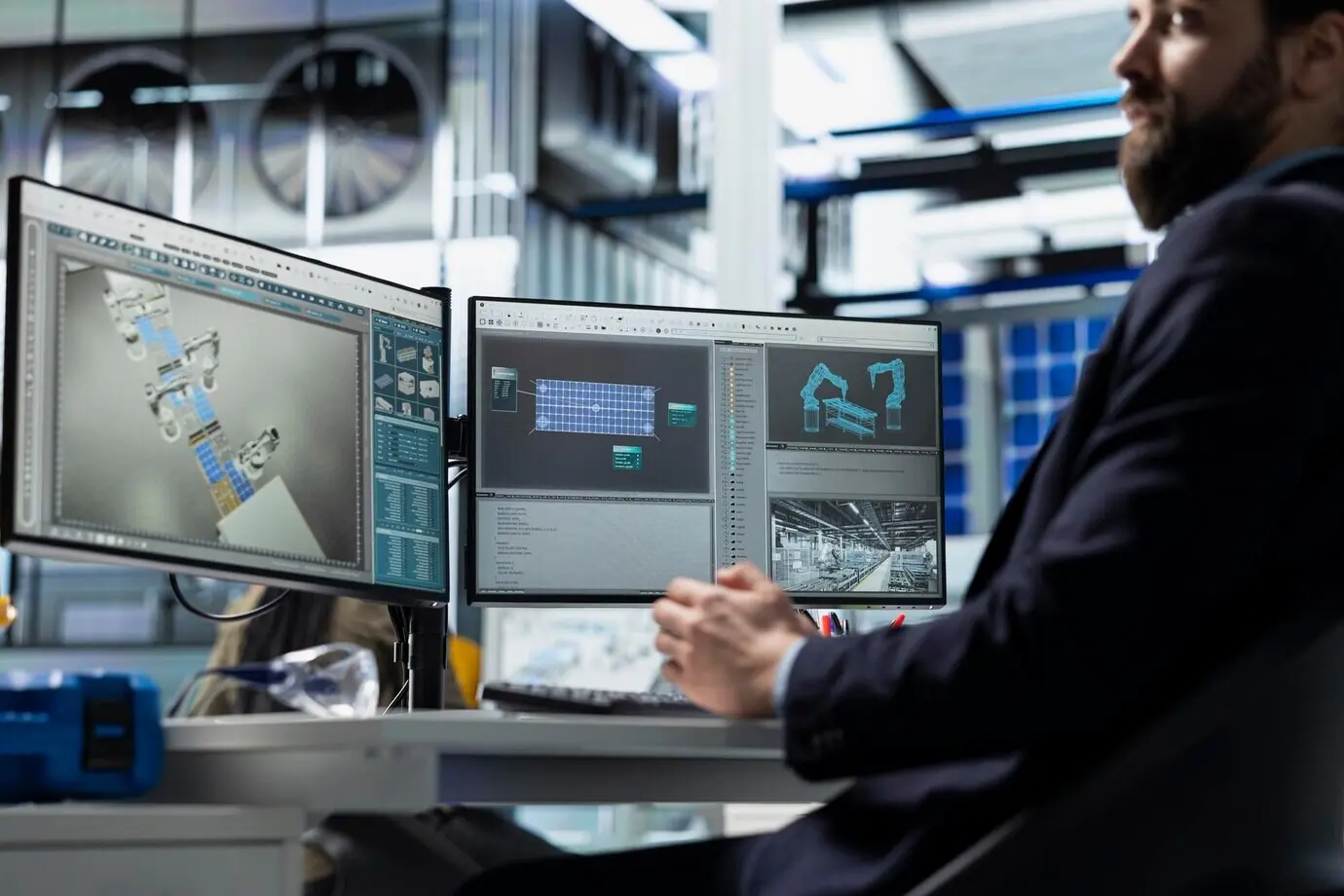 Ein professioneller Energieanalyst im Anzug untersucht die Solarpanel-Diagnostik