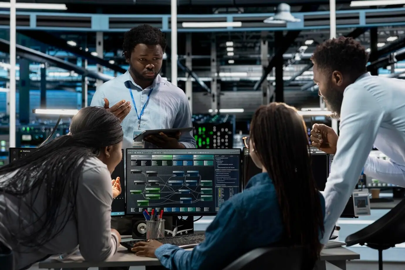 Systemadministratoren im Rechenzentrum nutzen einen PC, um künstliche neuronale Netze zu visualisieren.